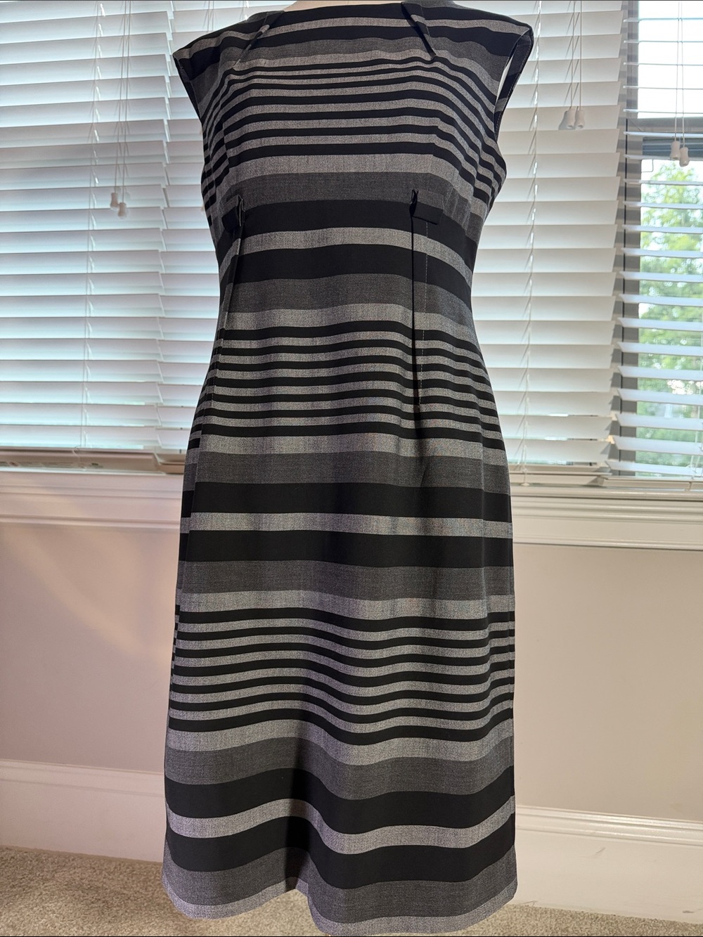 Calvin Klein Black and Gray Striped Midi Dress
